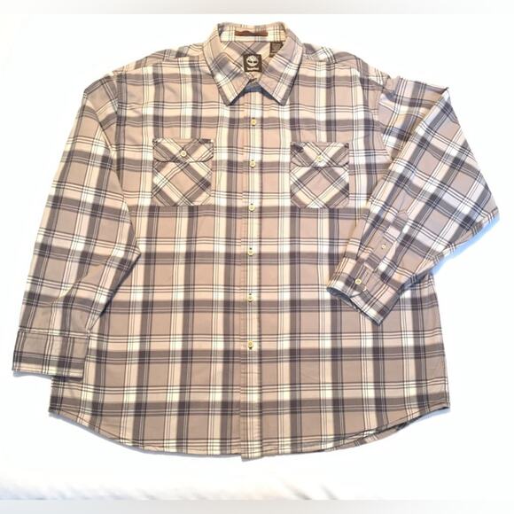 TIMBERLAND Mens Shirt 2XL Brown Tan Plaid 100% Cotton Long Button Front Outdoor - Picture 12 of 12